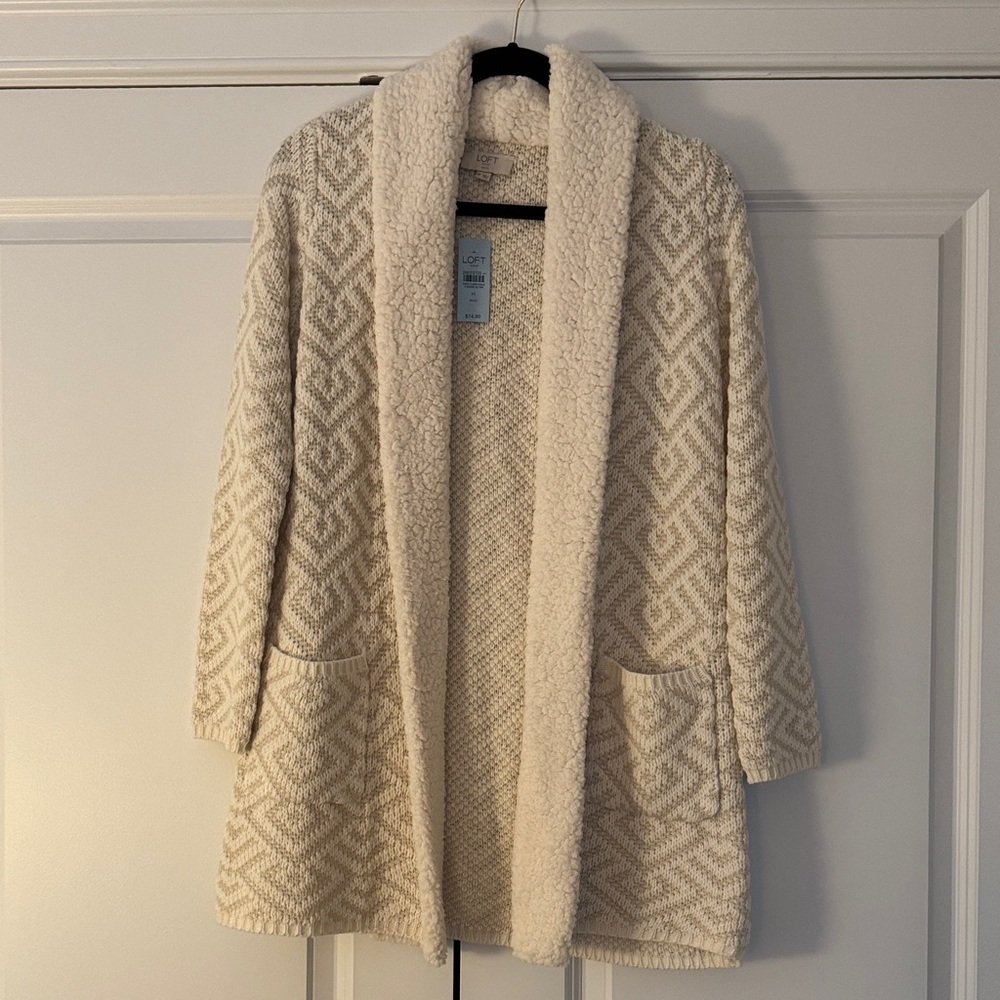 LOFT Cream and Tan Geometric Cardigan with Sherpa